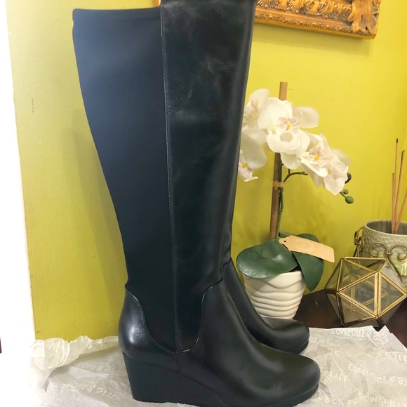 NWOTB Black Leather Long Wedge Boots - Picture 2 of 6